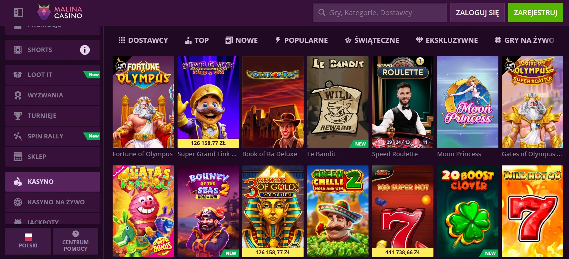 Interfejs strony głównej Malina Casino Polska